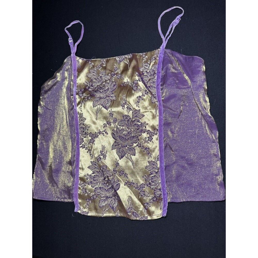 Vintage Amelia's Pajama Set Purple Gold Metallic Satin Floral Brocade Cami M/L - Picture 9 of 11